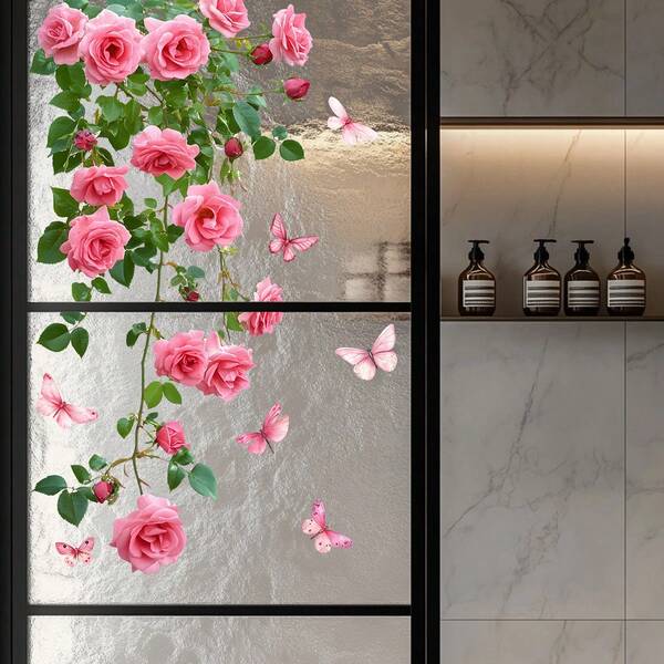 1 pieza Pegatinas de pared con flores rosas para baño, decoración del hogar, sala de estar, dormitorio, habitación de niños, puerta, decoración de habitación de niña