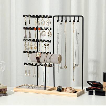 1 pieza Soporte de exhibición de joyas desmontable de doble puerta, con base de madera para aretes, collares, colgantes, organizador de sobremesa, ideal para regalo o uso comercial, Día de San Valentín, regreso a la escuela, esenciales de vacaciones, joyería, almacenamiento, dormitorio