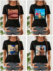 T-shirt personnalisé à manches courtes pour femmes, design graphique personnalisé, téléchargez votre photo/logo/affiche/photo de famille/photo d'équipe d'entreprise, t-shirt pour dames printemps/été, cadeau de la Saint-Valentin, cadeau d'anniversaire, tenue de festival de musique, mariage/fête, chemise culturelle, cadeau de vacances, personnalisation d'uniforme d'équipe, hauts d'été, personnalisation de groupe de bienfaisance, ornemental, chien, unique, personnalisé, cadeaux idéaux pour elle, famille, amis, filles roses, pour les vacances, pour les anniversaires, chic automne, décontracté de rue - Noir - Voir 2