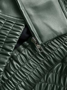 女士休闲宽松拉链 PU 夹克，秋冬外套，女士日常穿着，非常适合返校 - 墨綠色 - 查看 6