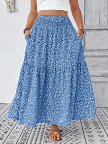 Plus Size Fall Blue Ditsy Floral Long Skirt For Women
