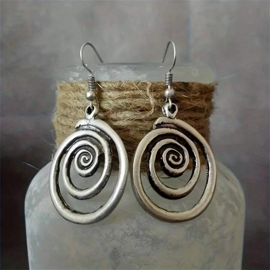 Vintage Geometric Spiral Circle Pendant Earrings, Women's Party Jewelry Gift
