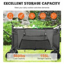 Large Collapsible Garden Cart With Brakes, Folding Utility Wagon With Big Wheels And Side Pocket Camping, Grocery, Gray - Grey - View 2