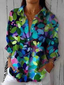 Women's Shirt Floral Casual Long Sleeve Shirt Collar Regular Tops Work Daily Buttons Print Green Spring Fall Winter - màu xanh lá - Xem 1