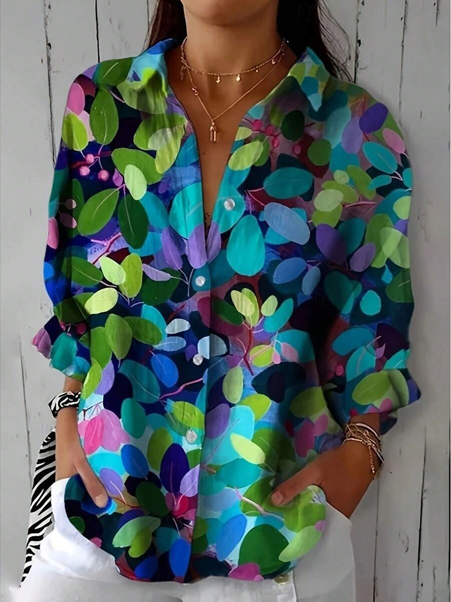 Women's Shirt Floral Casual Long Sleeve Shirt Collar Regular Tops Work Daily Buttons Print Green Spring Fall Winter - màu xanh lá - Xem 1