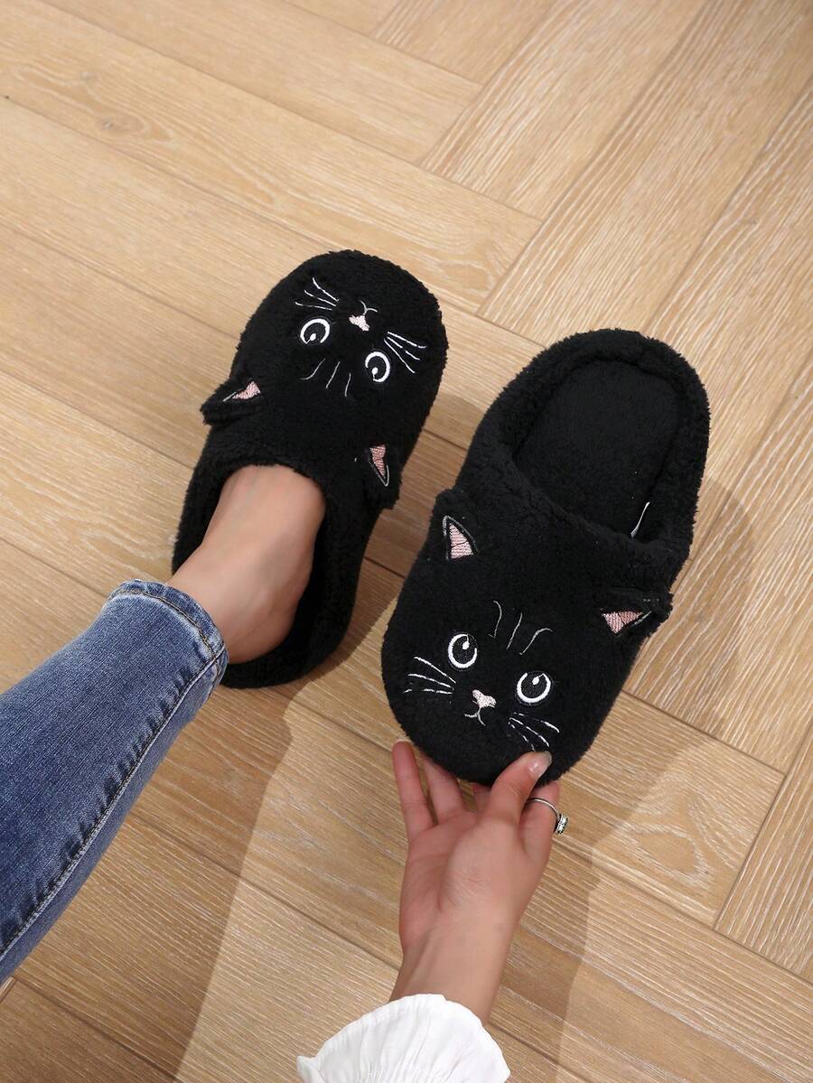 1 Pair Cartoon Cat Embroidery Slippers, Lightweight Quiet Indoor Slip-On House Slippers, Suitable For Couple - Black - View 1
