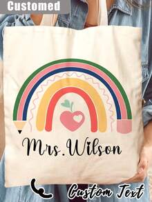 1Pc Custom Teacher Appreciation Tote Bag - Personalized Canvas Beach & Shopping Bag With Monogrammed Name, Personalised Teacher Bag - Custom Rainbow Tote With Floral Design, Large Capacity, Buckle Closure - Ideal Thank You Gift For TA, School Leaver, Or Teaching Assistant, School Bag|Floral Tote Bag - Multicolor - View 9