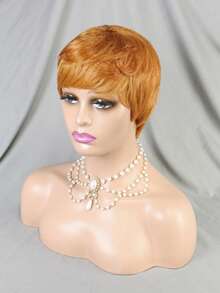 无胶短鲍勃精灵短发假发 - 真人发玫瑰网帽自然黑色，短发假发真人发精灵短发假发适合女性，无胶短鲍勃带刘海，万圣节，化装舞会全机器制造，玫瑰帽，中性风格适合作为女性礼物真人发精灵短发假发适合，中性风格适合个体适合所有种族，女士精灵短发假发