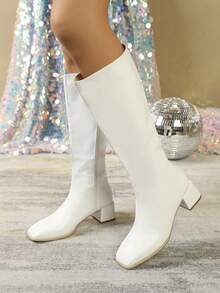 女式白色方头高筒靴，修身马靴，秋冬粗跟高筒靴 - 白色 - 查看 4