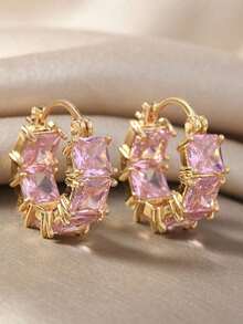 1pair Cubic Zirconia Women's Earrings, Minimalist Fashion Ear Hoops Charming Unique Design Daily Jewelry Birthday Gift - 粉色 - 查看 7