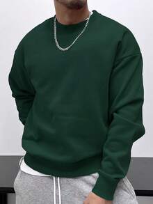 Men's Casual Sports Sweatshirt - Solid Color, Long Sleeve, Knit Fabric, H-Silhouette, Suitable For Hiking And Outdoor Activities, Polyester Material, Crew Neck, Autumn/Winter Sports Jacket Spring - Dark Green - View 2