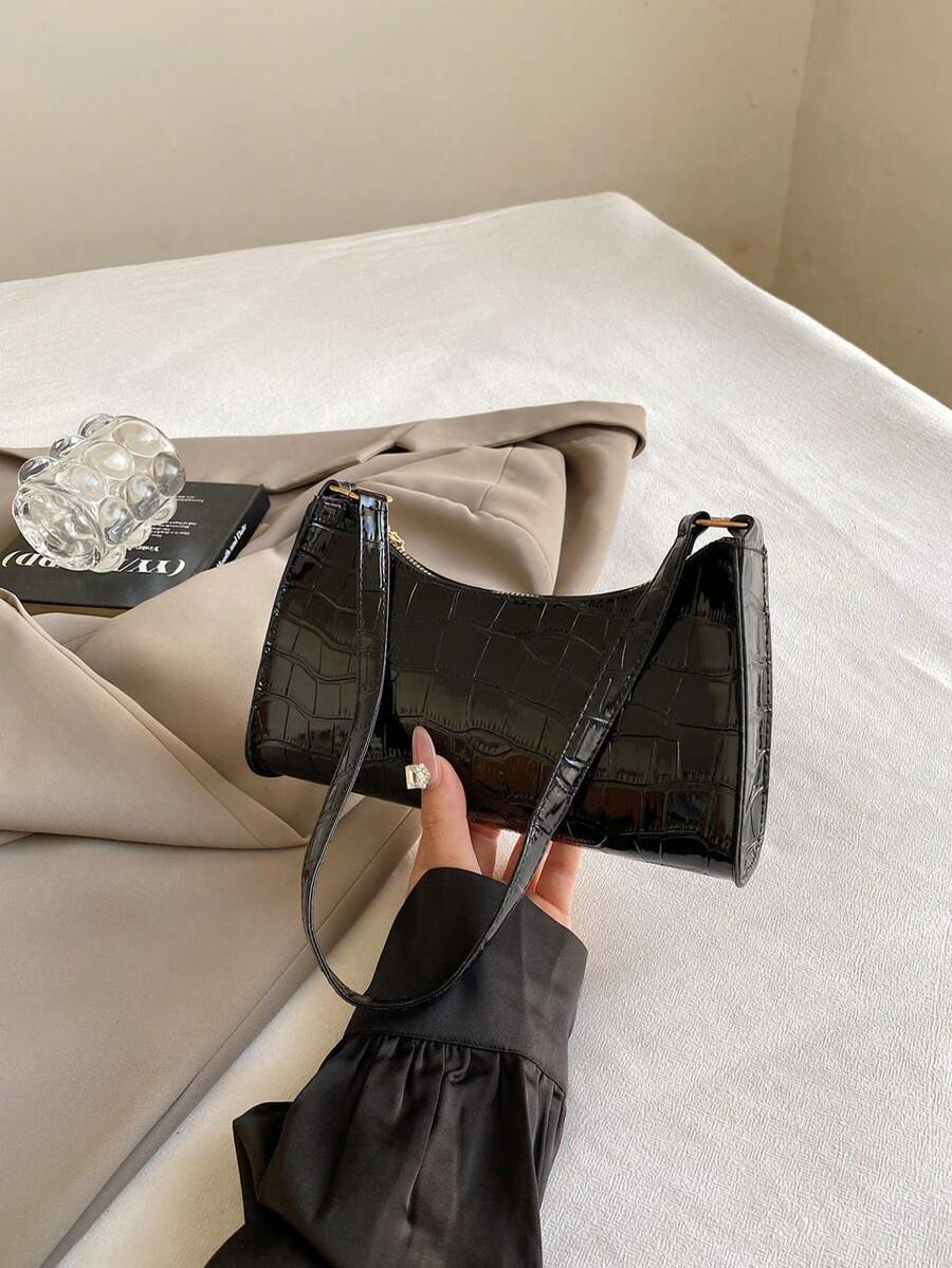 鳄鱼压纹韩版女士手提包，新款时尚单肩包，休闲简约通勤包，月牙造型 - 黑色 - 查看 1
