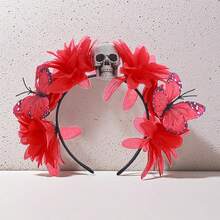 Diadema de Halloween para mujer con calaveras, flores y mariposas, aro para el pelo para fiestas, disfraces, accesorios para fotos. - Rojo - Ver 3