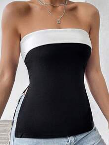 Women's Contrast Color Tube Tops Sleeveless Off Shoulder Strapless Side Split Bandeau - Black - View 1