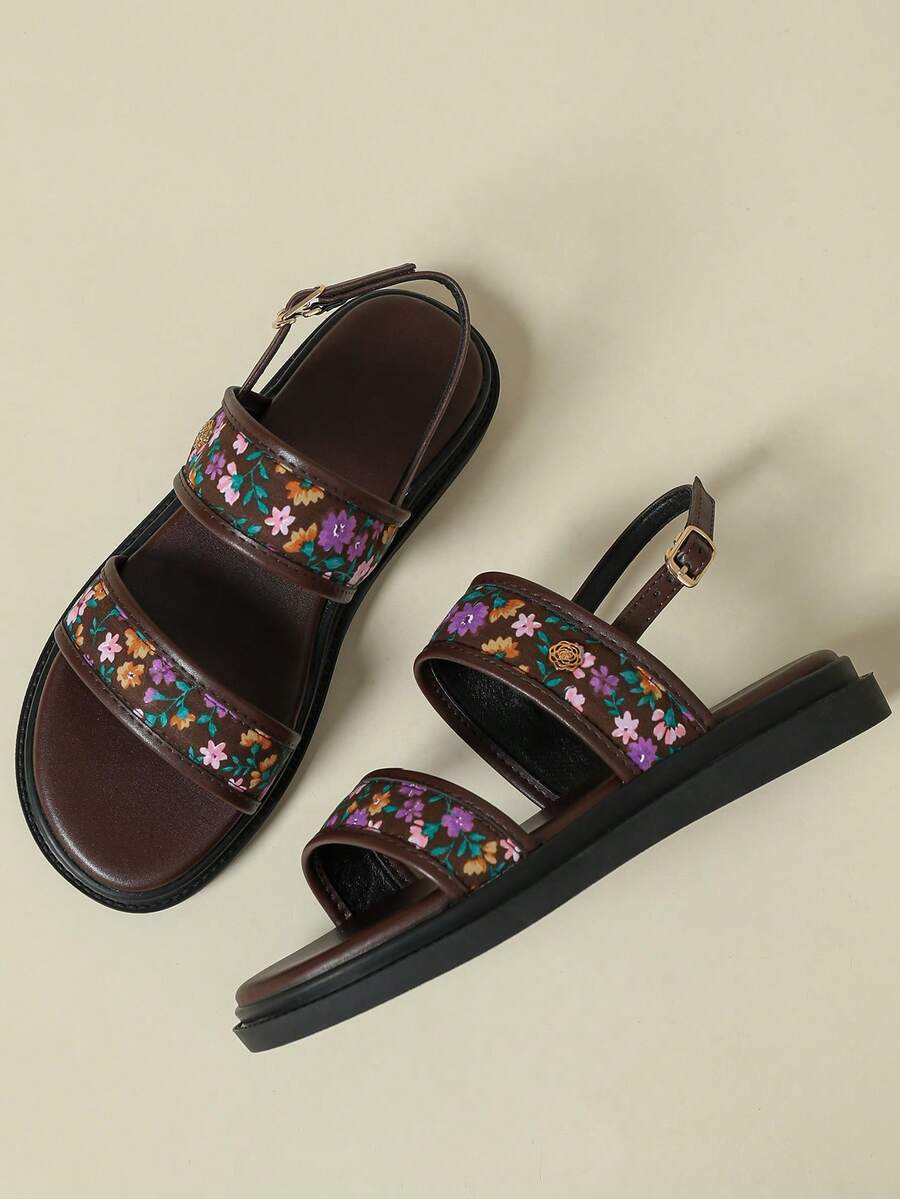 Women's Bohemian Retro Random Ditsy Floral Strap Buckle Sandals With Platform, Comfortable Non-Slip Summer Beach Shoes, Casual Outdoor Wear, Coffee Brown Asymmetrical Small Flower, Size 8-10 - Coffee Brown - View 1