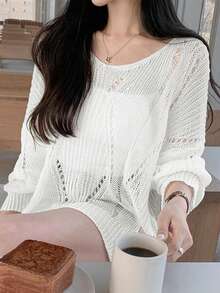 YCYC New Women's Design Hollow Out Solid Color Long Sleeve T-Shirt - White - View 2