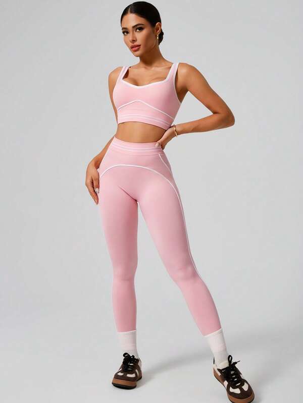 1set Women's Fashionable Athletic Outfit, Seamless Sports Bra And Tight Leggings, Pink And White, Sports Style, Yoga And Running
