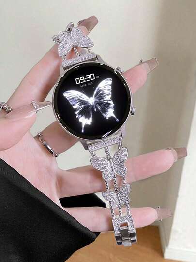 Correa de reloj ajustable de metal plateado con diseño de mariposa compatible con Samsung Galaxy Watch 4/5 40mm/44mm, Watch 3 41mm, Watch 6/7 44mm/45mm/46mm/40mm/42mm, Active 2, fácil de quitar, accesorio de reloj de 20mm/22mm para mujeres