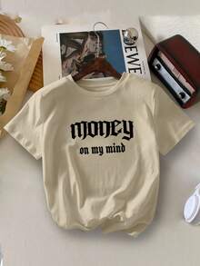 Áo thun cổ tròn in chữ tiền thiên thần trẻ trung, đơn giản và thời trang cho mùa hè - Màu Khaki - Xem 2