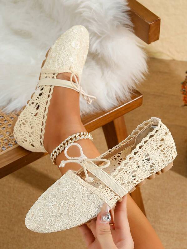 1 Pair Women's Ballet Flat Shoes, Round Toe, Slip-On, Low-Cut, Breathable Woven Lace Trim, Casual Loafers, Anti-Slip, Suitable For Pregnant Women