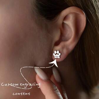 Engraved Pet Paws Custom Pet Earrings Stud | Pet Name Engraving | Cat Mom Jewelry | Unique Pet Keepsake | Dog Mom Earrings | Stud Earrings