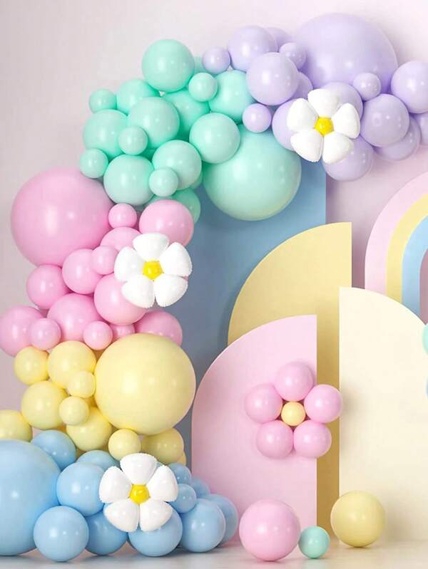 138pcs Macaron Pastel Pink Yellow Blue Purple Balloon Garland Arch Kit With Daisy Foil Ball For Bride Shower Wedding Anniversary Gender Reveal Birthday Party Decoration
