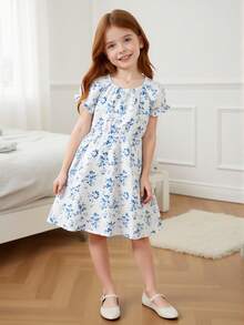 Rochie elegantă retro cu imprimeu floral și volane, pentru fete tinere, cu mânecă scurtă, model patchwork, linie A, stil prințesă - alb - Vizualizare 3
