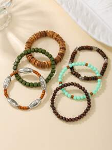 5pcs/6pcs Set Vintage Bohemian Wooden Bead, CCB, Zinc Alloy, Resin Leaf, Turtle, Infinity Symbol Elements Handmade Braided Bracelet Set Suitable For Men And Women, Daily, Beach, Holiday Wear