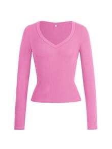 Vaiaye 女士性感修身针织长袖上衣，纯色V领T恤，适合情人节穿着，休闲粉色春季款 - 粉色 - 查看 3