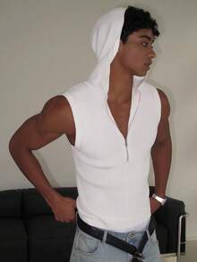 Áo ba lỗ không tay có mũ trùm đầu có khóa kéo thời trang giản dị dành cho nam trẻ - trắng - Xem 1