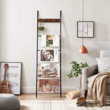 Blanket Ladder, 5-Tier Ladder Shelf, Decorative Ladder With 4 Removable Hooks, Metal Frame, Industrial Style, Rustic