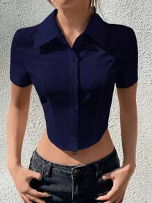 Navy Blue Short Sleeve Shirt With Cutout Waist, Minimalist Design, Sexy And Fashionable, Summer