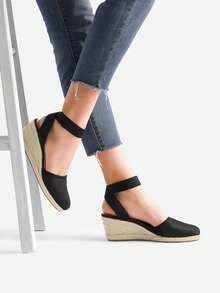 Women's Elastic Ankle Strap Espadrilles Wedge Sandals - Black - View 10