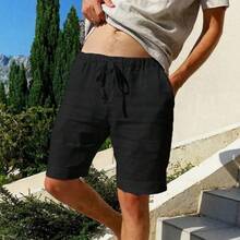 Men's Breathable Linen Beach Shorts, Summer Loose Men's Trousers - Hitam - View 8