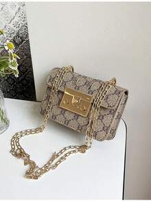 复古金色金属翻盖锁扣新款口红包时尚小手提包复古花卉链条斜挎单肩包 (适合女士，装饰包，复古百搭) - 卡其色 - 查看 5