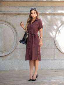 Shirt With Side Slits, Collar, Short Sleeves, Cutout And Lapels, Patch Pocket, Midi Length - 咖啡棕 - 查看 1