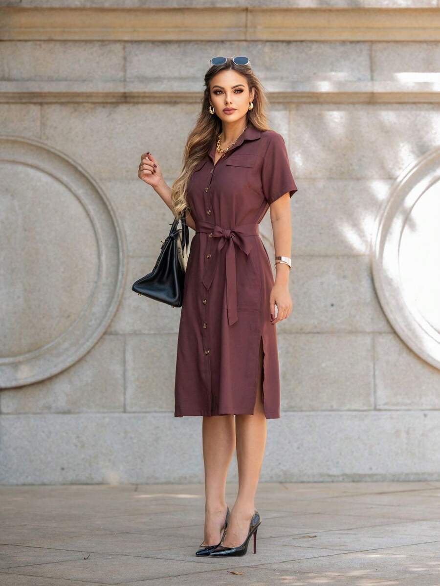 Shirt With Side Slits, Collar, Short Sleeves, Cutout And Lapels, Patch Pocket, Midi Length - 咖啡棕 - 查看 1
