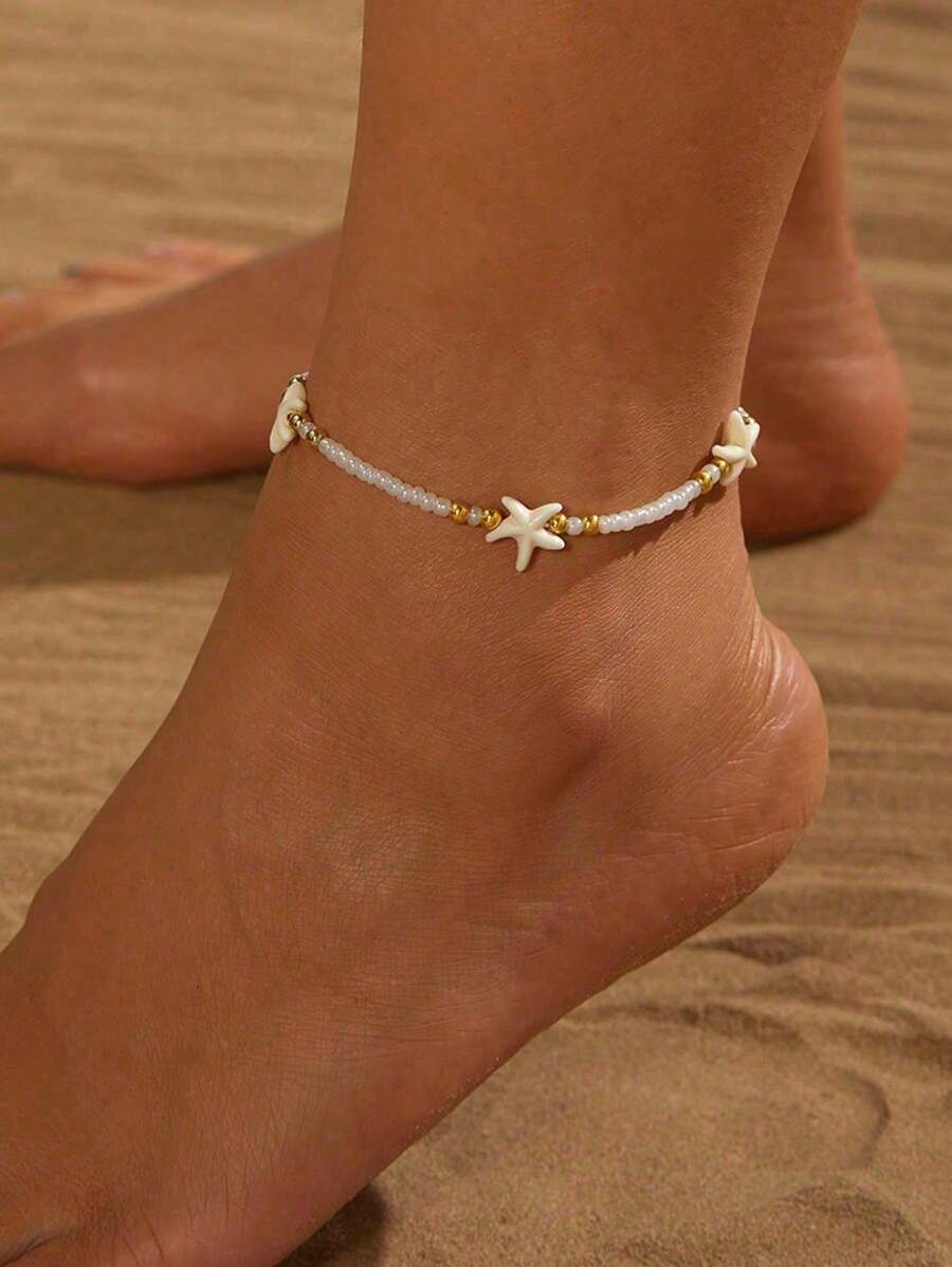 1 pièce Chaîne de cheville de style vintage plage - étoile de mer: Bijou de perle de riz réglable