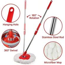 Trapeador mágico 360° spin mop: Limpieza profunda sin esfuerzo.Juego de fregona rotatoria de doble impulsión con cesto en forma de ocho y doble cabezal, fácil de usar en el hogar y sin necesidad de lavarse las manos, con presión manual y cubo para fregona - Rojo - Ver 5