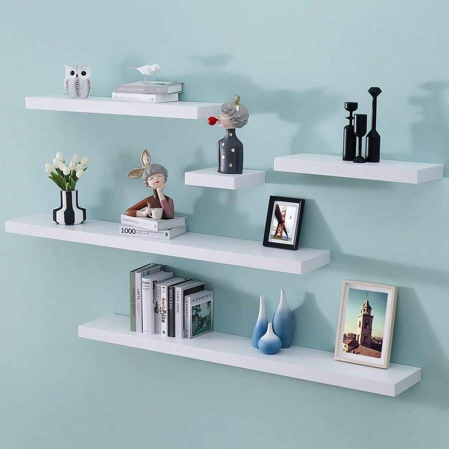 1pc Floating One-Shelf Wall Mounted Storage Rack, Creative Wall Decor Shelves For Living Room - White - View 1