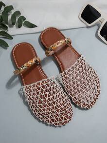 女式白色渔网平底凉鞋，编织带，封闭式鞋头，一脚蹬设计，优雅休闲舒适百搭夏季/假日拖鞋