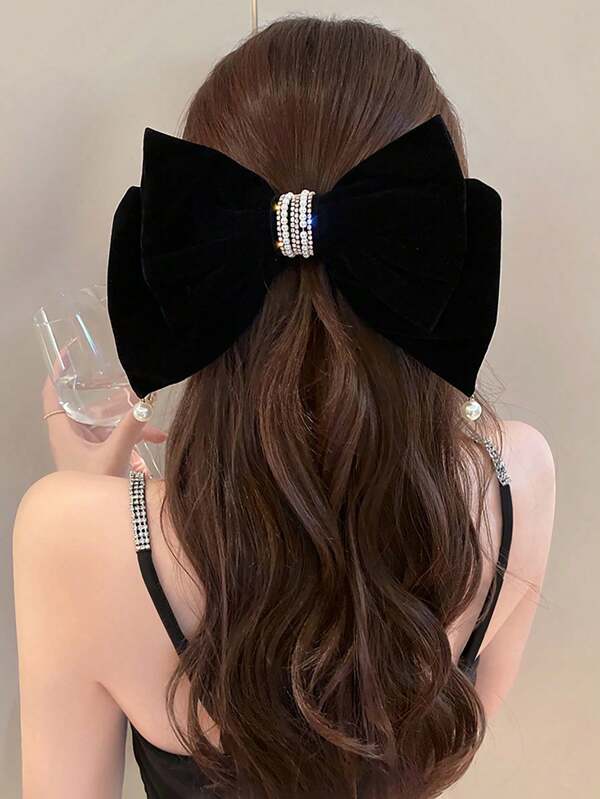 1pc Women Pearl Rhinestone Velvet Butterfly Hair Clip, Elegant Sweet Style Suitable For Daily, Party, And Ball Outfit