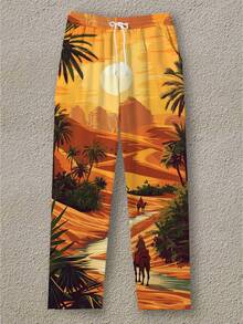 Men's Summer Casual Outdoor Sunset Graphic 3D Digital Print Drawstring Relaxed Fit Pants, Suitable For Holiday, Daily Casual, Beach