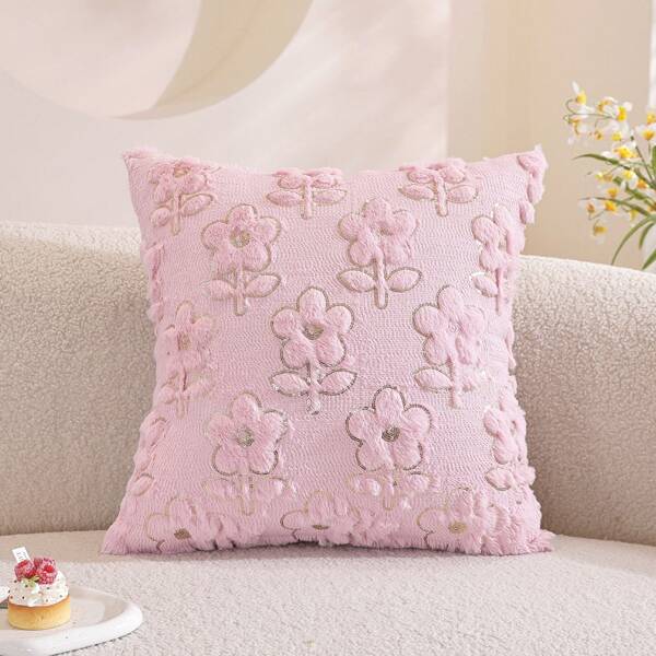 1pc Luxury Sequined Decorative Embroidered Floral Plush Cushion Cover, Quilted Pillow Case, Holiday Gift & Party Decor (Cover Only, No Insert)