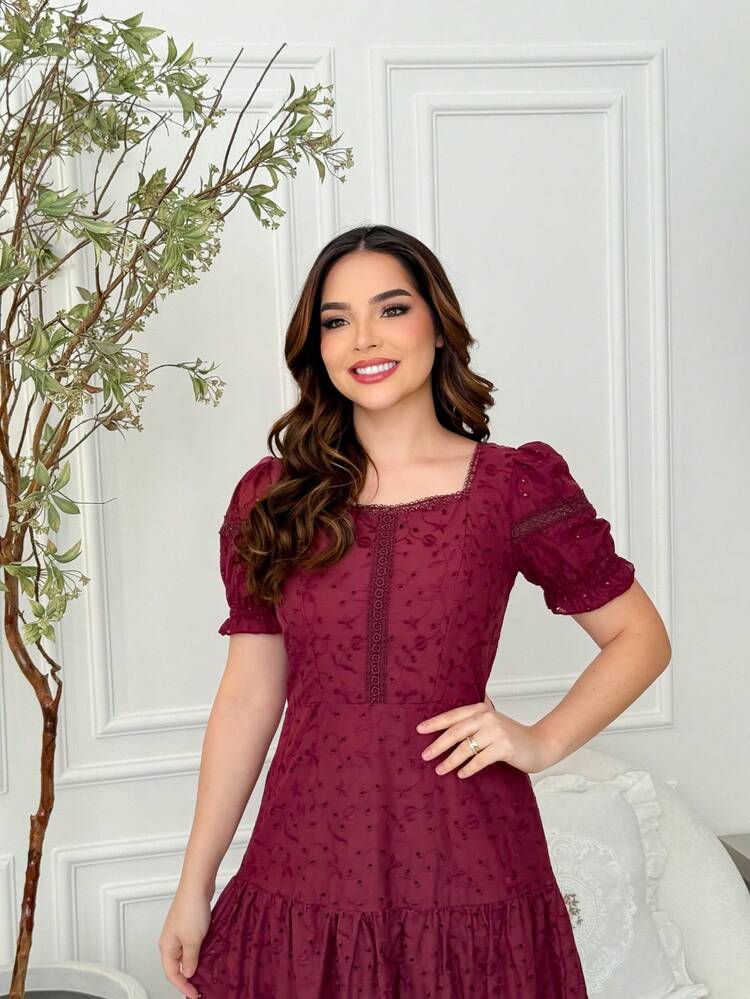 Lese 100% Cotton Midi Dress Square Neckline Beautiful Women's Short Sleeve Formal Lined Elegant Casual - 紅木色 - 查看 2