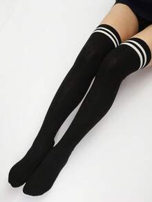 1 Pair Women Simple Versatile Comfortable Personalized Thigh High Socks, All Season, Cozy - Black and White - View 7