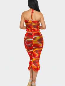 Tropical Waters Print Mesh Ruffle Halter Skirt Set  All Over Print    Boho    Ruffle Hem  Backless  Cut Out - trái cam - Xem 5