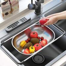 Over The Sink Colander - Strainers And Colanders - Sink Strainer Basket - Expandable Fine Mesh Strainer With Rubber Grip For Veggie, Fruits, Pasta, Home Kitchen Essentials (9.5W X 13.4-21.3L X 3.3H) - 黑色 - 查看 9