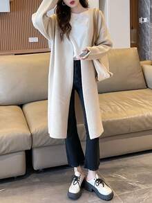 女士休闲宽松针织开衫，舒适百搭，适合秋冬 - 杏灰色 - 查看 5