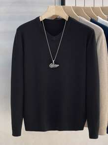 Men's Solid Color V-Neck Long Sleeve Sweater, Casual & Comfortable Base Layer Top, Spring/Autumn
